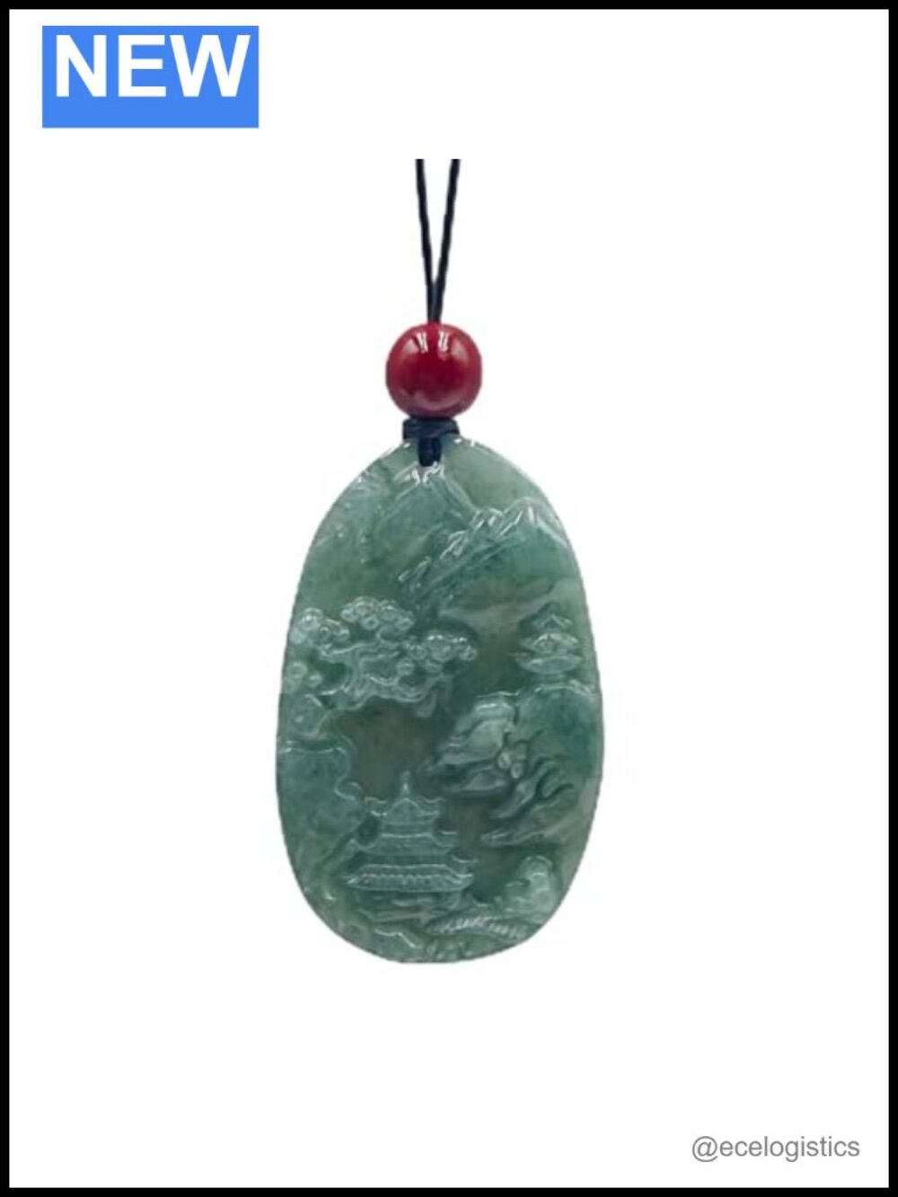 Hand-Carved Natural Jade Pendant Necklace Oval Landscape Adjustable Rope